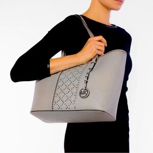 Jet Set Travel Studded Saffiano Tote Bag In Pearl